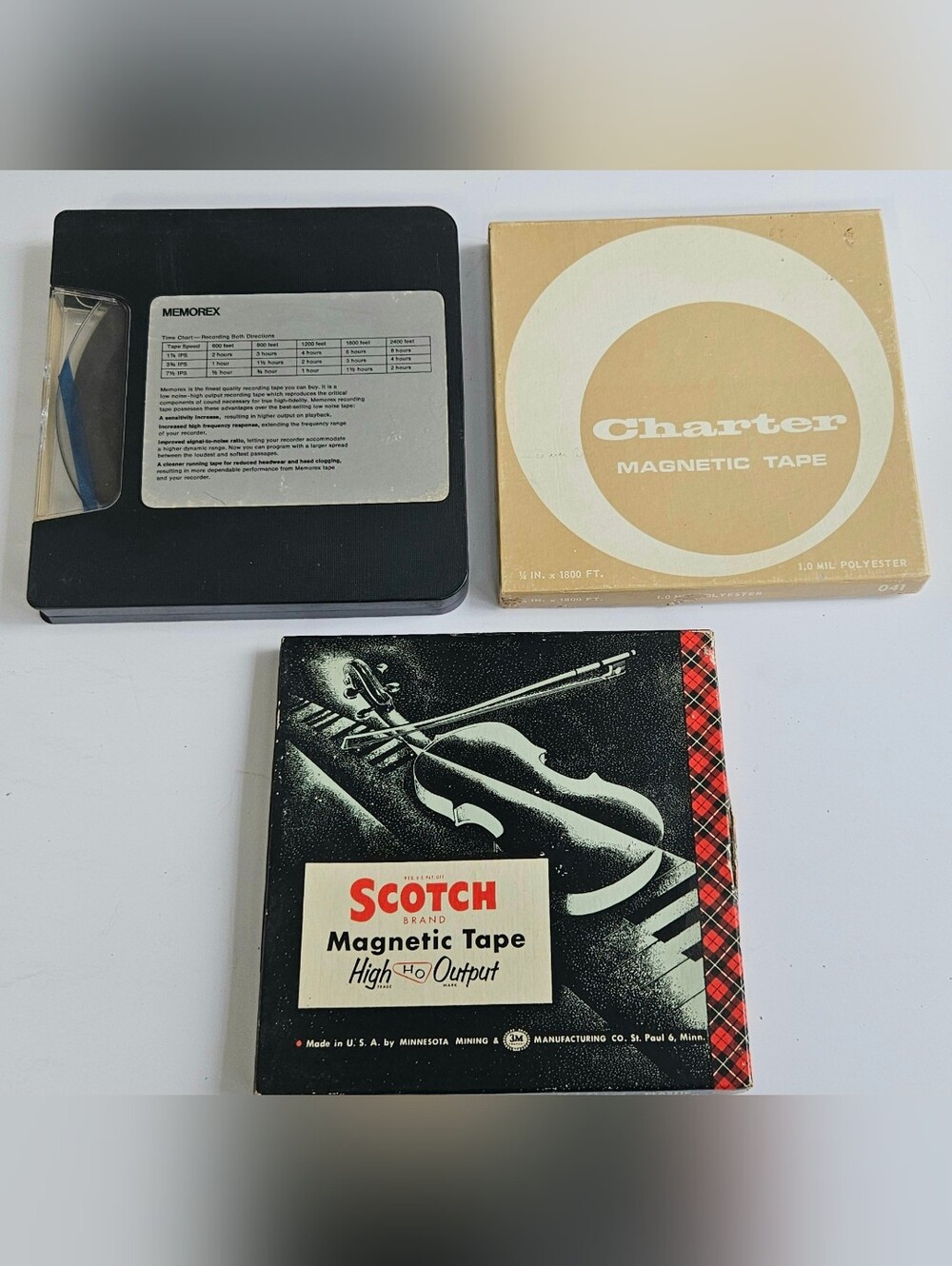 Lot of 3 Vintage Reel to Reel Sound Tapes 7” Reel Scotch Memorex Charter Used